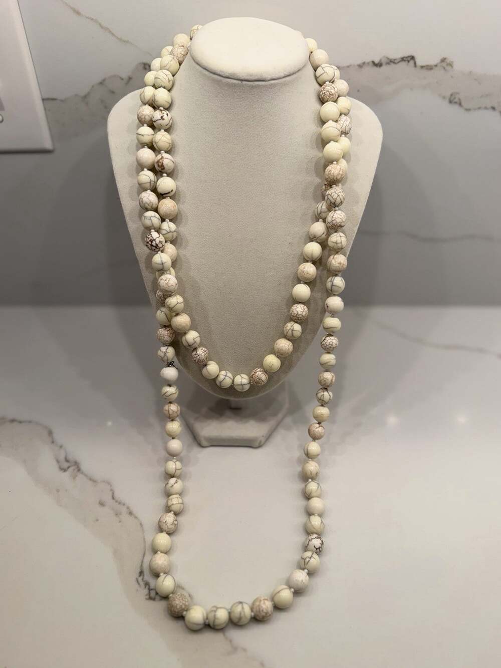 Chico’s Long Cream Ivory Marbled Beaded Necklace Boho Statement Layering